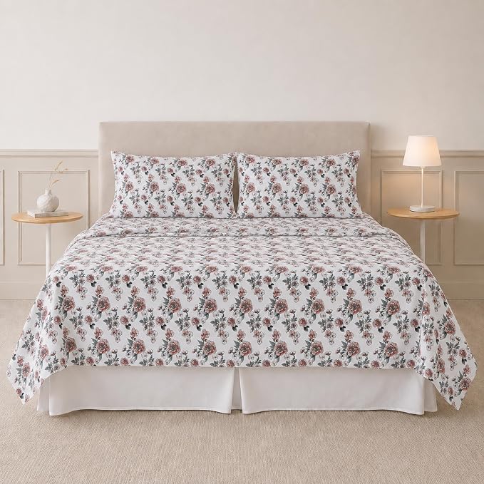 Modern Threads Printed 3-Piece Extra Soft Bedding Sheets & Pillowcase Set, Deep Pocket up to 16 inch Mattress Rose Bloom Twin