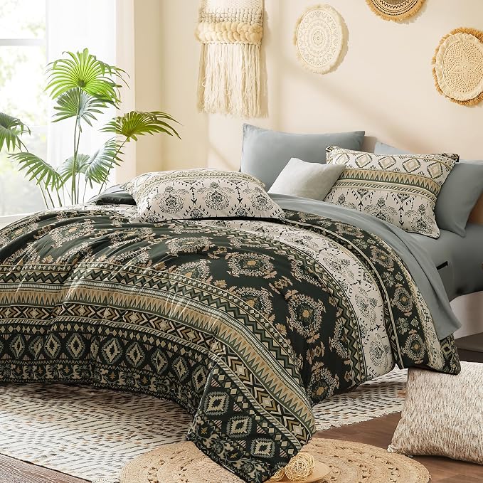 Queen Comforter Set - 7 Pieces Boho Bedding Set Aztec Bed in A Bag | Southwestern Bedding, All Season Tribal Bed Set with Comforter, Sheets, Pillowcases & Shams, Dark Green