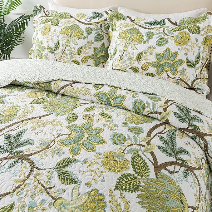 Cotton Bedspread Quilt Sets - Reversible Patchwork Coverlet Set, Floral Vine Pattern, Queen Size