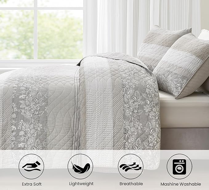 Chezmoi Collection Robyn 2-Piece Gray Taupe White Floral Hibiscus Flower Patchwork Striped Quilt Set - Pre-Washed Soft Lightweight Reversible Cotton Bedspread Coverlet for All Season, Twin Size