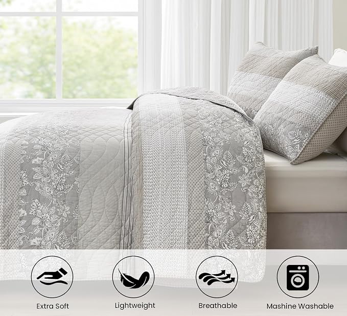 Chezmoi Collection Robyn 3-Piece Gray Taupe White Floral Hibiscus Flower Patchwork Striped Quilt Set - Pre-Washed Soft Lightweight Reversible Cotton Bedspread Coverlet for All Season, Super King Size
