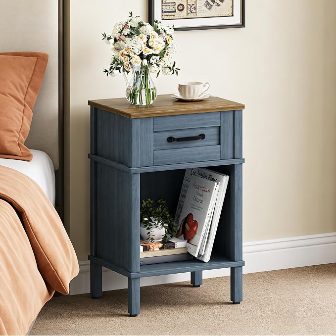 Blue Nightstand,Small Night Stand, Farmhouse Night Stands with drawers | Blue End Table Living Room,Wooden Night Stand,Blue Bedside Table,Wooden Nightstand,Farmhouse Side Table with Drawer LET512LR