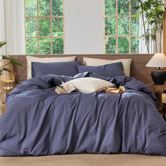 MooMee Striped Duvet Cover Set 100% Washed Cotton Linen Like Queen | Relaxed Linen-like Texture. Soft, Breathable & Long-lasting Comfort. Lightweight. Hidden Zipper with 8 Interior Corner Ties
