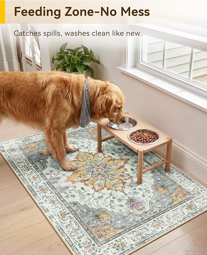 RELEANY Washable Area Rug, Small 2'x3', Beige/Carbon Grey/Orange | Non-Slip, Water Repellent, Pet Friendly, Easy to Clean, Vintage Floral Boho Decor for Kitchen Entryway Bathroom