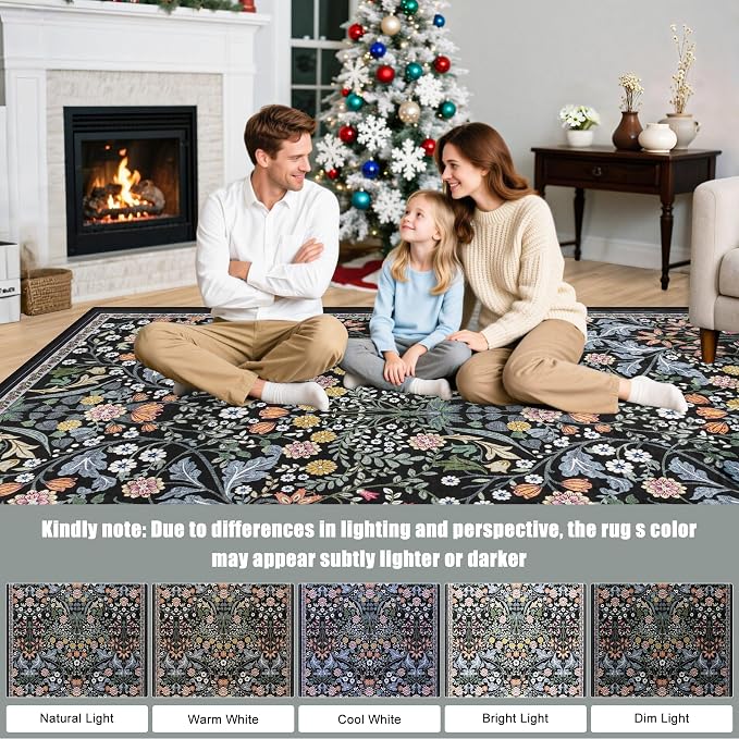 PLHXFR Area Rug 10x12 Living Room: Floral Washable Boho Carpet Dark Black | For Bedroom Dining Room Farmhouse Nursery Hallway,Vintage Floral,Machine washable,Non Slip,Stain Resistant,Large Indoor