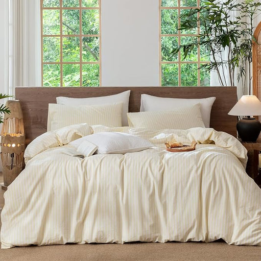 MooMee Striped Duvet Cover Set 100% Washed Cotton Linen Like Queen | Relaxed Linen-like Texture. Soft, Breathable & Long-lasting Comfort. Lightweight. Hidden Zipper with 8 Interior Corner Ties