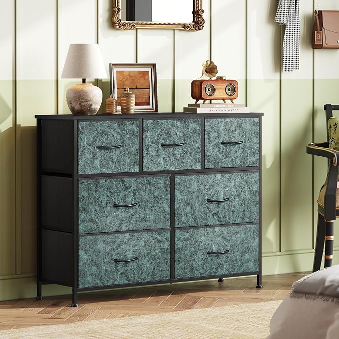 WLIVE Dresser for Bedroom, 7 Drawers, TV Stand, Vintage Green | 7 roomy fabric drawers, Fits TVs up to 45 inch, Bedroom or living room, Wide storage design, Chest of drawers