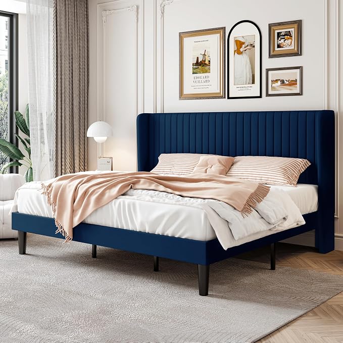 SHA CERLIN King Size Velvet Bed Frame, Tufted Wingback Headboard, Blue | 47'' Modern Vertical Channel Headboard, Upholstered Platform Bed, Wood Slats, No Box Spring Needed, Easy Assembly, Noise Free