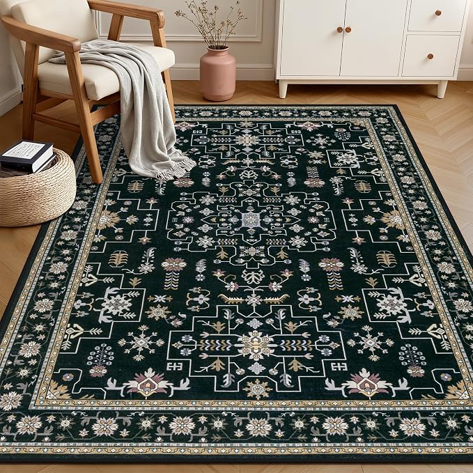 4x6 Area Rugs Living Room: Washable Vintage Rug for Bedroom Black | Boho No Slip Stain Resistant Rug Soft Indoor Decor Floor Floral 4x6 Area Rugs for Dining Room, Nursery, Hallway, Home Office