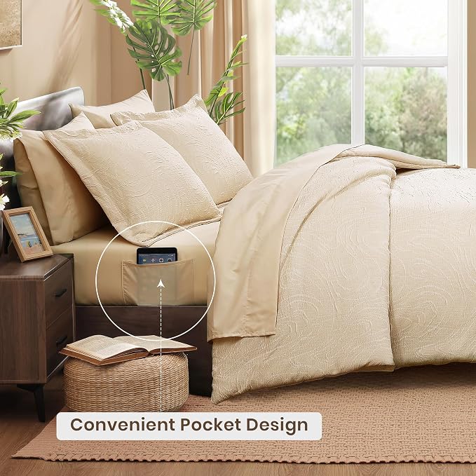 Monbix Full Size Comforter Set 7 Pieces Birch Marble Bed in a Bag | Lightweight All Season Bedding Sets with Comforter, Sheets, Pillowcases & Shams