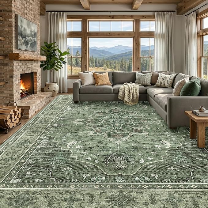 RELEANY Washable Area Rug, Large 9'x12', Green/Dark Green/Gray | Non-Slip, Water Repellent, Pet Friendly, Easy to Clean, Vintage Floral Boho Decor for Living Room Bedroom Dining Room