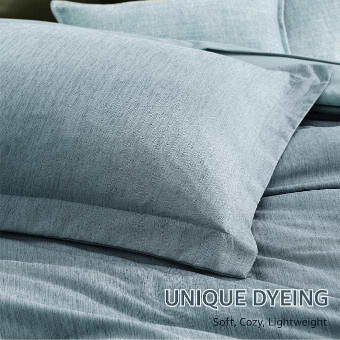 Monbix Full Comforter Set 7 Pieces Dusty Blue Cationic Dyeing Bed in a Bag | Lightweight Reversible All Season Bedding Sets with Comforter, Sheets, Pillowcases & Shams