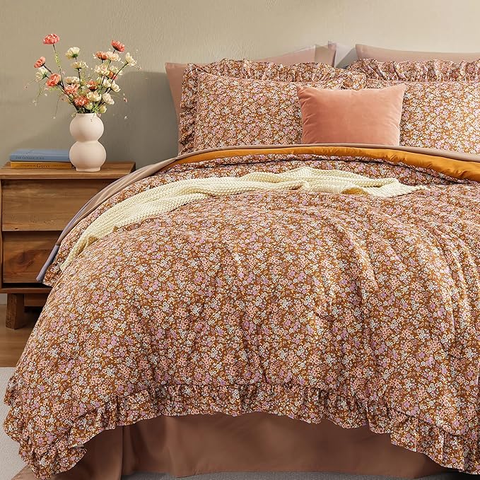 King Size Comforter Set-7 Pieces Floral Ruffle Bedding Set | Brown Ditzy Bed in a Bag, Soft Lightweight All Season Farmhouse King Size Bedding Sets with Sheets, Pillowcases & Shams