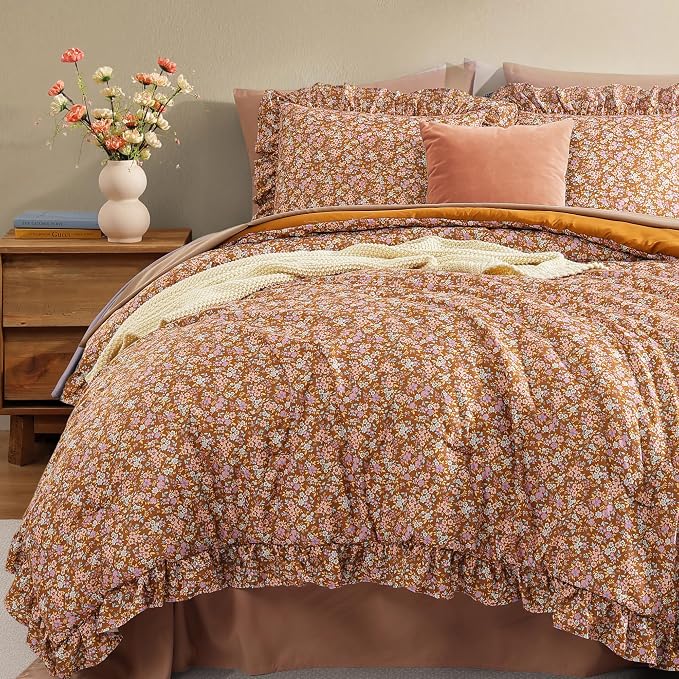 Full Size Comforter Sets-7 Pieces Floral Ruffle Bedding Set | Brown Ditzy Bed in a Bag, Soft Lightweight All Season Farmhouse Full Size Bedding Sets with Sheets, Pillowcases & Shams