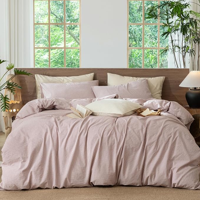 MooMee Striped Duvet Cover Set 100% Washed Cotton Linen Like Queen | Relaxed Linen-like Texture. Soft, Breathable & Long-lasting Comfort. Lightweight. Hidden Zipper with 8 Interior Corner Ties