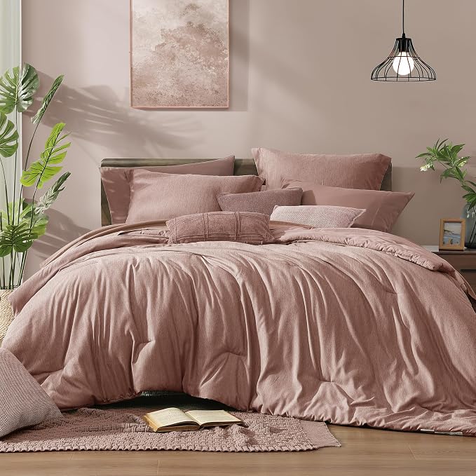 Monbix Full Comforter Set 7 Pieces Dusty Pink Cationic Dyeing Bed in a Bag | Lightweight Reversible All Season Bedding Sets with Comforter, Sheets, Pillowcases & Shams