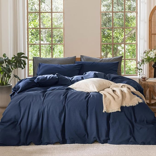 MooMee Duvet Cover Set 100% Washed Cotton Linen Like Queen | Relaxed Linen-like Texture. Soft, Breathable & Long-lasting Comfort. Lightweight. Hidden Zipper with 8 Interior Corner Ties