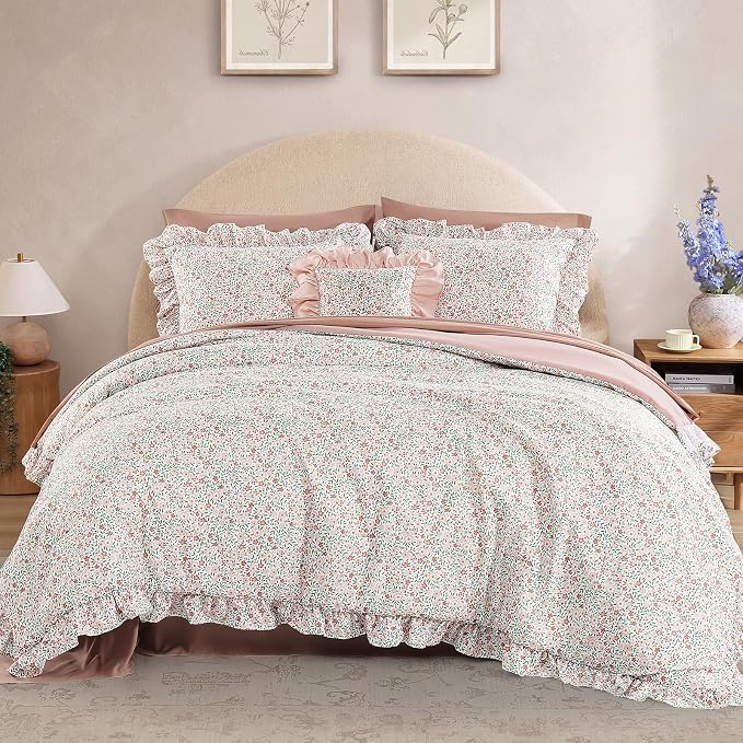 King Size Comforter Set-7 Pieces Floral Ruffle Bedding Set | Pink Ditzy Bed in a Bag, Soft Lightweight All Season Farmhouse King Size Bedding Sets with Sheets, Pillowcases & Shams