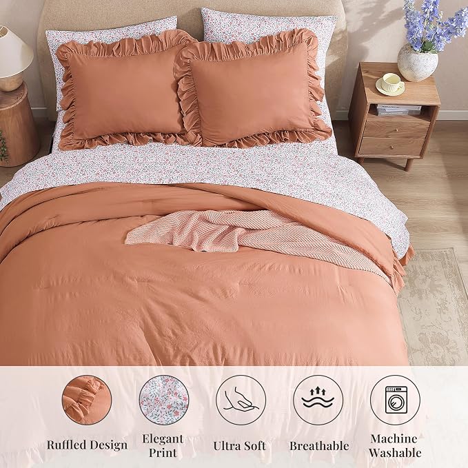 Queen Comforter Set-7 Pieces Ruffle Bedding with Floral Sheet | Autumn Leaf Bed in a Bag, Soft Lightweight All Season Farmhouse Queen Bedding Sets with Floral Sheets, Pillowcases & Shams