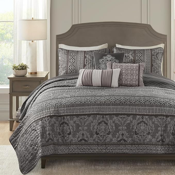 Madison Park Traditional Jacquard Quilt Set, 6PC King/Cal King Coverlet | Damask Design, All Season, with Shams, Decorative Pillows, Lightweight, Reversible, Grey