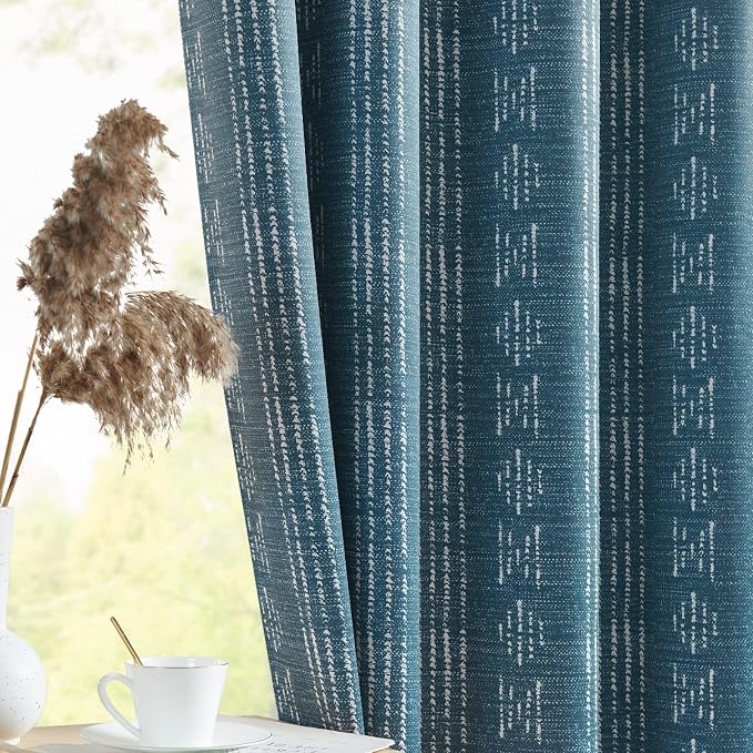 jinchan Boho Blackout Curtains 84 Inches Long for Bedroom Living Room | White on Blue Geometric Grommet Curtains Room Darkening Thermal Insulated Window Treatments 2 Panels