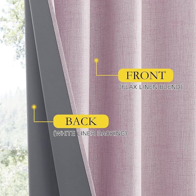 NICETOWN Pink Vintage Linen 100% Blackout Curtains for Playroom, Thermal Insulated Curtains 72" Long, Noise Reducing Window Treatment Drapes for Laundry Room, 62" Wide Per Panel, Set of 2