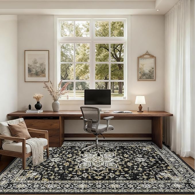 10x14 Area Rugs Living Room: Washable Rug for Bedroom Black Gold | Vintage No Slip Stain Resistant Rug Soft Indoor Decor Floor Floral Area Rugs for Dining Room, Nursery, Hallway, Home Office
