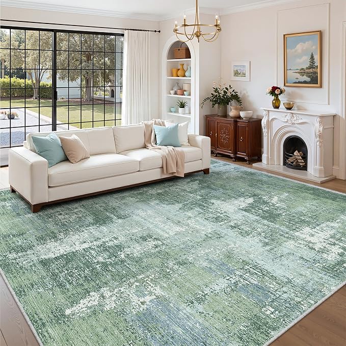 6x9 Area Rugs, Abstract Washable Rugs for Living Room, Sage Green | Soft Thin & Lighweight, Folable, Stain Resistant Low Pile Non Slip Modern Distressed Carpet Rugs for Bedroom, Dining Room