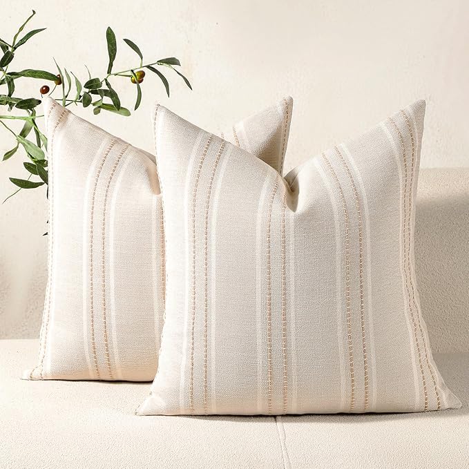 Hckot Linen Throw Pillow Covers 16x16 Set of 2 Khaki Striped Pillow Covers | Textured Linen Decorative Pillows Square Cushion Covers for Sofa Couch Bed Living Room Farmhouse Decor