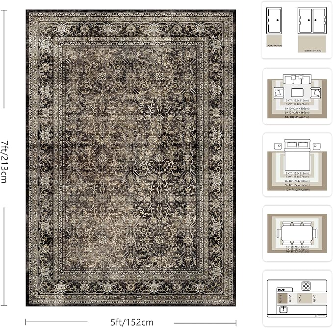 5x7 Area Rugs - Washable Vintage Retro Living Room Rug, Soft Ultra Thin Non Slip Low Pile Traditional Distressed Boho Carpet for Bedroom Dining Room Nursery Home Office, Brown