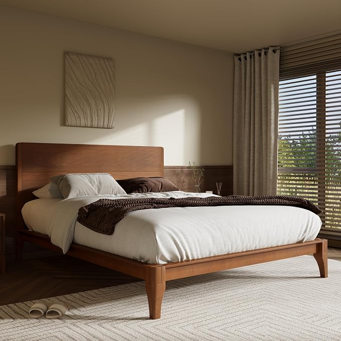 Merax Queen Size Bamboo Platform Bed Frame with Tall Headboard, Brown | Mid-Century Modern Solid Bedframe Queen-Size, Wood Slat Support, No Box Spring Needed, Easy Assembly, Noise Free