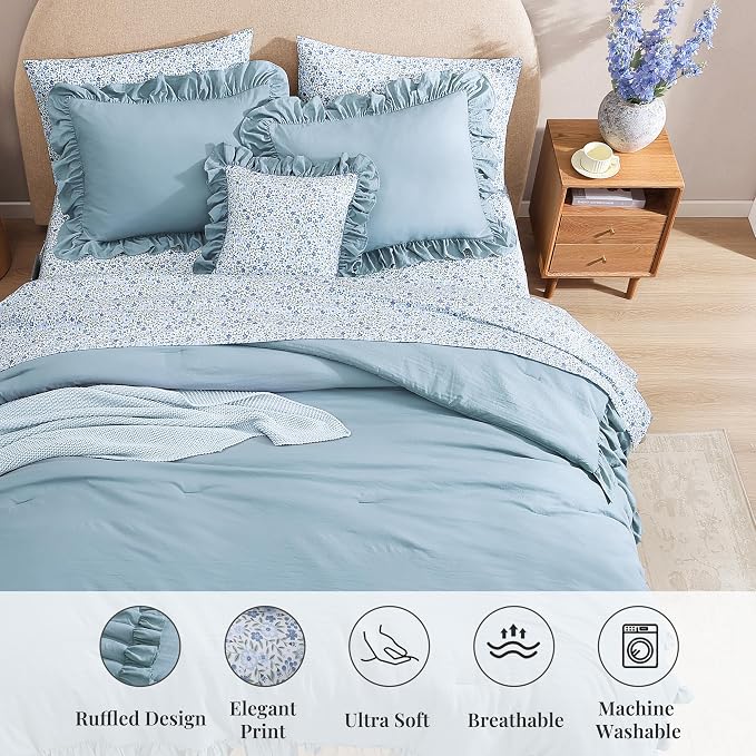 Queen Comforter Set-7 Pieces Ruffle Bedding with Floral Sheet | Blue Bed in a Bag, Soft Lightweight All Season Farmhouse Queen Bedding Sets with Floral Sheets, Pillowcases & Shams