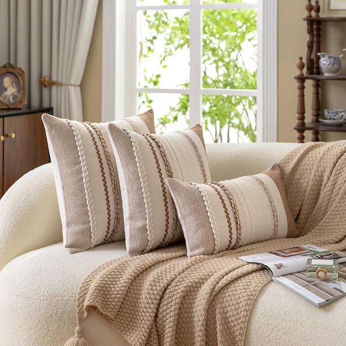 Cethom Boho Throw Pillow Covers 12x20 Inch Set of 2, Brown Textured Decorative Couch Pillow Cases for Farmhouse Home Decor, Accent Cushion Cover for Sofa, Bed, Living Room, Bedroom