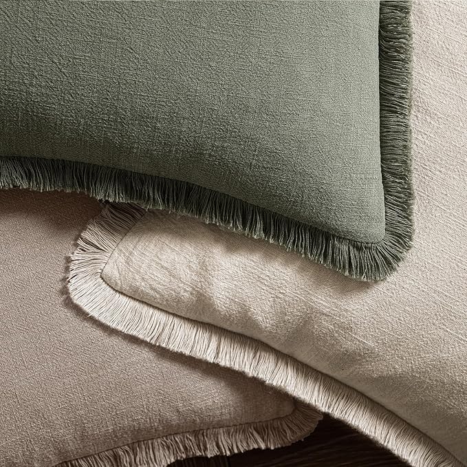 MIULEE Linen Fringe Decorative Fall Euro Throw Pillow Covers Dune 22x22 | Set of 2, Cottagecore Decor, Boho Farmhouse Neutral Pillow Covers, Rustic Fall Couch Cushion Cases for Sofa Bed Living Room