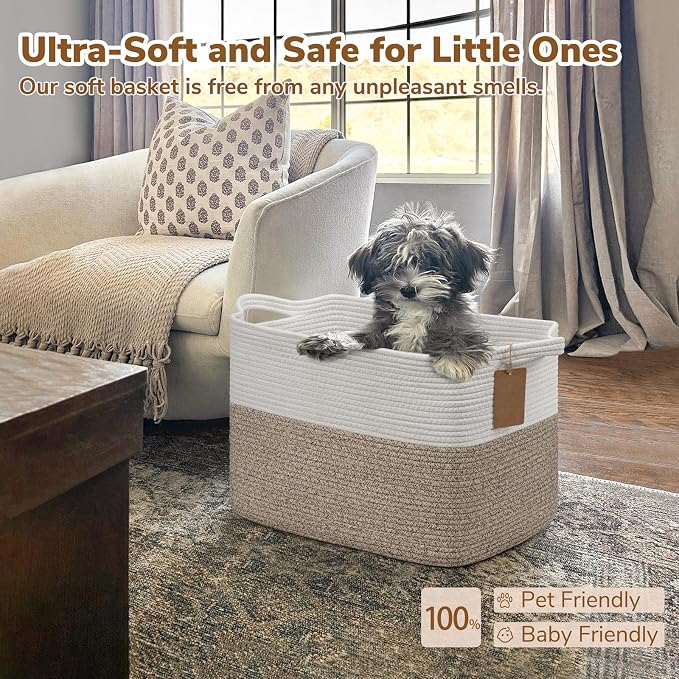 Goodpick 50L Large Woven Rope Storage Basket, Rectangle, Light Brown | 18" × 14" × 12" Stylish Gift Baskets for Living Room & Bedroom Organization, Cotton Rope Basket for Blanket & Toy Storage