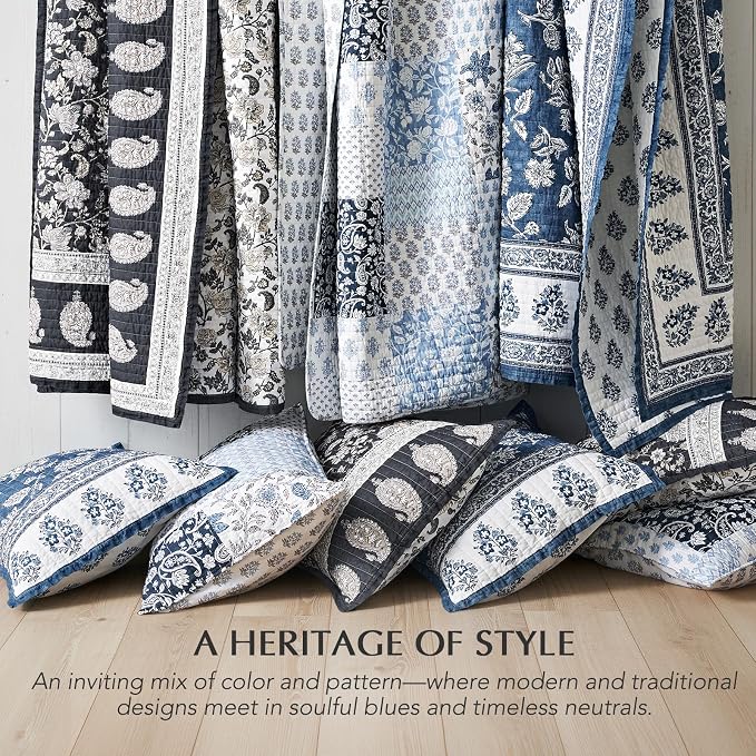 100% Cotton Floral Quilt Set, Queen Size, Dark Charcoal 92"×96" | Reversible Lightweight Bedspread Coverlet, Vintage Floral Farmhouse Bedding, Traditional Botanical Quilt with 2 Pillow Shams