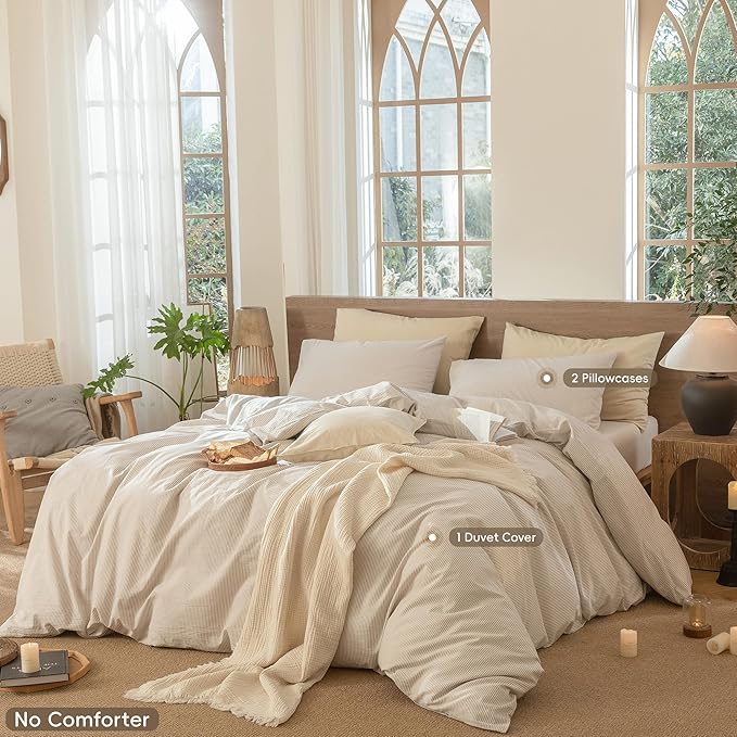 MooMee Striped Duvet Cover Set 100% Washed Cotton Linen Like | Relaxed Linen-like Texture. Soft, Breathable & Long-lasting Comfort. Lightweight. Hidden Zipper with 8 Interior Corner Ties