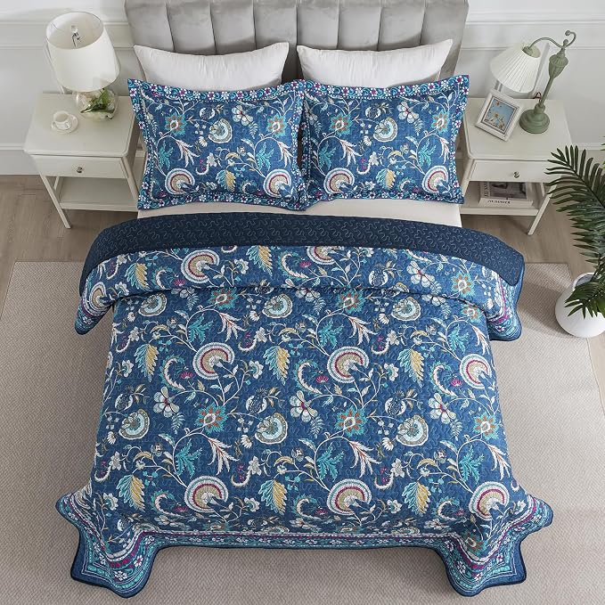 Quilt Set King Size, Bedspread Sets Blue Botanical Floral Patterns, Reversible Quilt Bedding Set Lightweight and Breathable for All Seasons, Soft Quilted Bedspread with 2 Pillow Shams