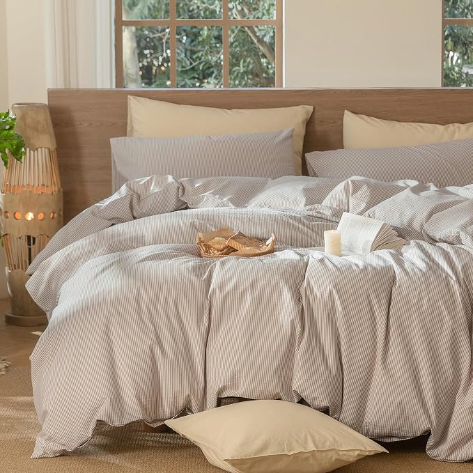 MooMee Striped Duvet Cover Set 100% Washed Cotton Linen Like King | Relaxed Linen-like Texture. Soft, Breathable & Long-lasting Comfort. Lightweight. Hidden Zipper with 8 Interior Corner Ties