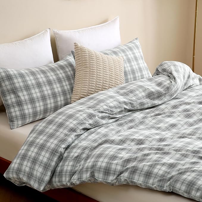 TOCOMOA Plaid Duvet Cover Set 100% Washed Cotton Like Linen, King | Linen-Like Feel Soft, Breathable & Comfy for All Season. Grey and Green Bedding Set with Zipper & 8 Ties. 3 Pcs, No Insert