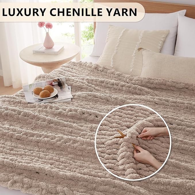 L'AGRATY Chunky Knit Throw Blanket for Couch, 72 x 84 Inches, Light Taupe | Handmade Chenille Crochet Blanket for Sofa Bed, Thick Cable Knitted Blankets for Room Home Decor, Birthday Gift for Women Mom