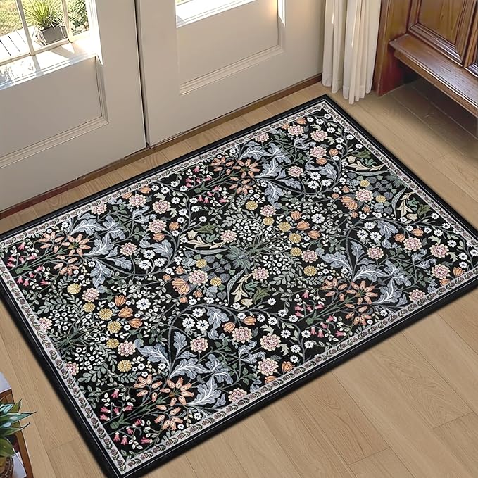 PLHXFR 2x3 Small Entryway Rug: Floral Washable Indoor Carpet Dark Black | For Entrance, Bedroom, Kitchen, Laundry, Bathroom,Door Mat,Vintage Floral,Machine washable,Non-Slip,Stain Resistant,Indoor