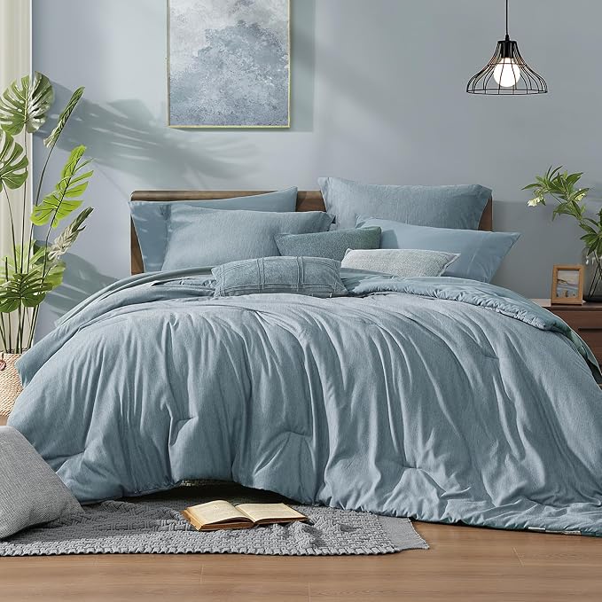 Monbix Full Comforter Set 7 Pieces Dusty Blue Cationic Dyeing Bed in a Bag | Lightweight Reversible All Season Bedding Sets with Comforter, Sheets, Pillowcases & Shams