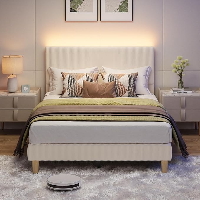Bestier Full Bed Frame with Adjustable Headboard,LED Light,Beige | LED Lighting Headboard,Easy Assembly,No Squeaks,Vertical Channel Corduroy Upholstered,Wood Slats Support,No Box Spring Needed