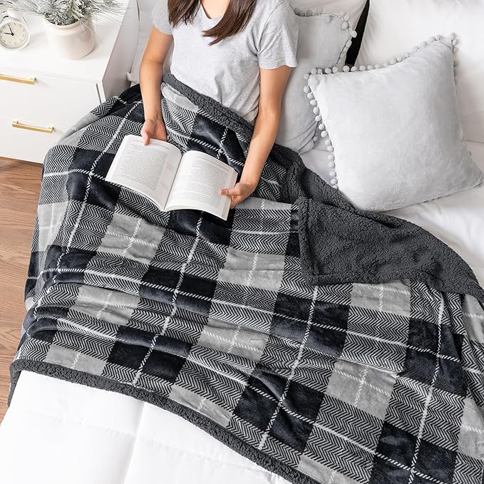 PAVILIA Twin Plaid Sherpa Throw Blanket for Couch Sofa Bed Dark Grey, 60x80 | GSM 460; Soft Plush Flannel Fleece; Warm&Cozy for Home; Machine Washable, Perfect Cabin Decor Winter Holiday Christmas Gift