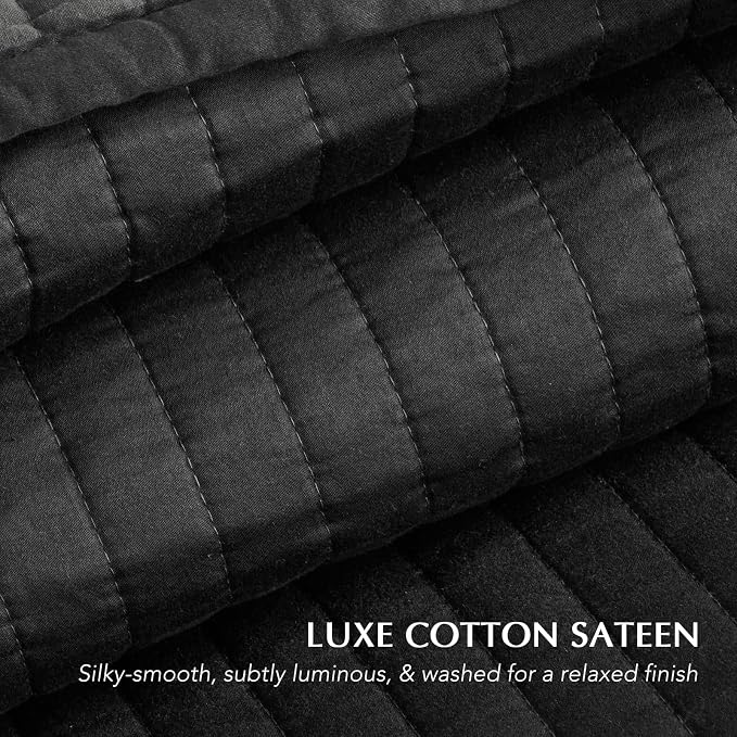 EVERGRACEHOME Cotton Sateen Quilt Set, Queen Size, Washed Black | 100% Cotton, Channel Stitch Coverlet Bedspread, Pre-Washed Lightweight Soft Bedding Set for All Season, 3 Piece, with 2 Shams