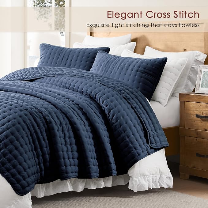 WDCOZY Navy Blue King Size Quilt Bedding Sets with Pillow Shams, Lightweight Soft Bedspread Coverlet, Quilted Blanket Thin Comforter Bed Cover, All Season Summer Spring, 3 Pieces, 104x90 inches