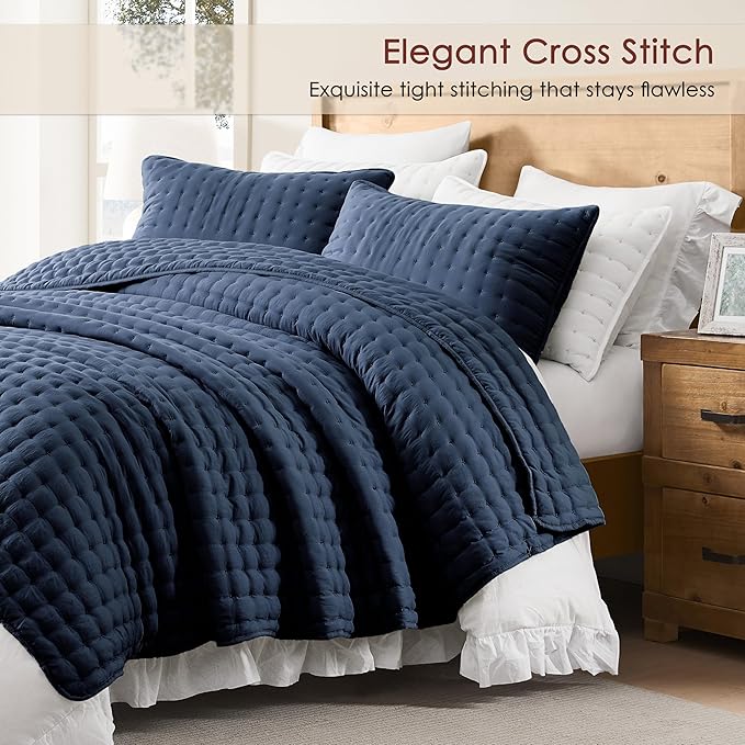 WDCOZY Navy Blue Oversized California King Size Quilt Bedding Sets with Pillow Shams, Cal King Lightweight Bedspread Coverlet, Quilted Blanket Thin Comforter Bed Cover, 3 Pieces, 118x106 inches