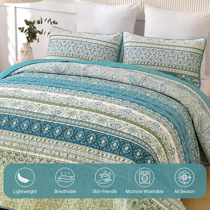 WONGS BEDDING Boho Quilt Queen Size,3 Pcs Aqua Bedspread Bedding Set | Colorful Bohemian Striped Printed Bedding for All Season, Lightweight Microfiber Coverlet Set with 2 Pillowcases(96"x90")