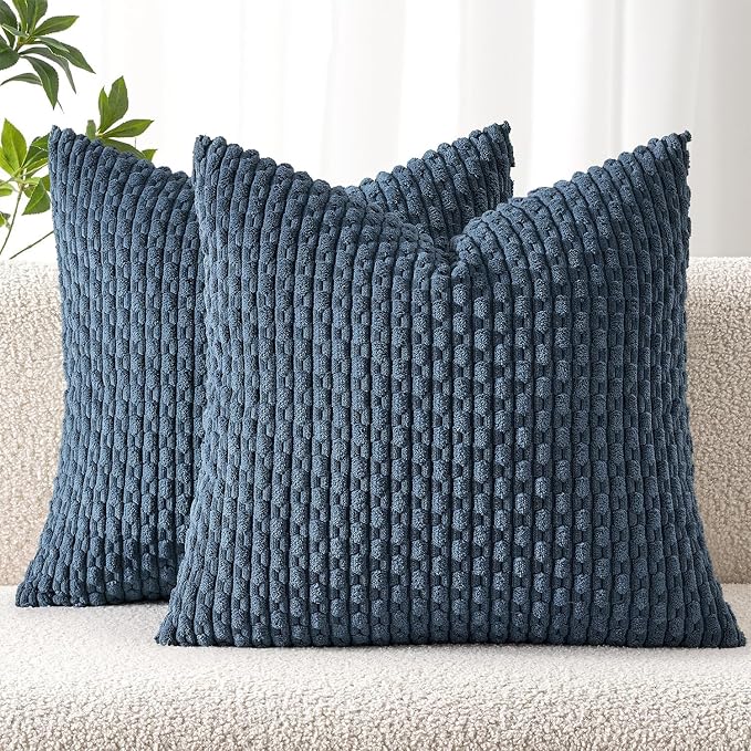 MIULEE Decorative Throw Pillow Covers 20x20 Blue Textured Corduroy | Pack of 2 Striped Pillow Covers Modern Farmhouse Coastal Home Decor for Couch Bed Sofa Living Room